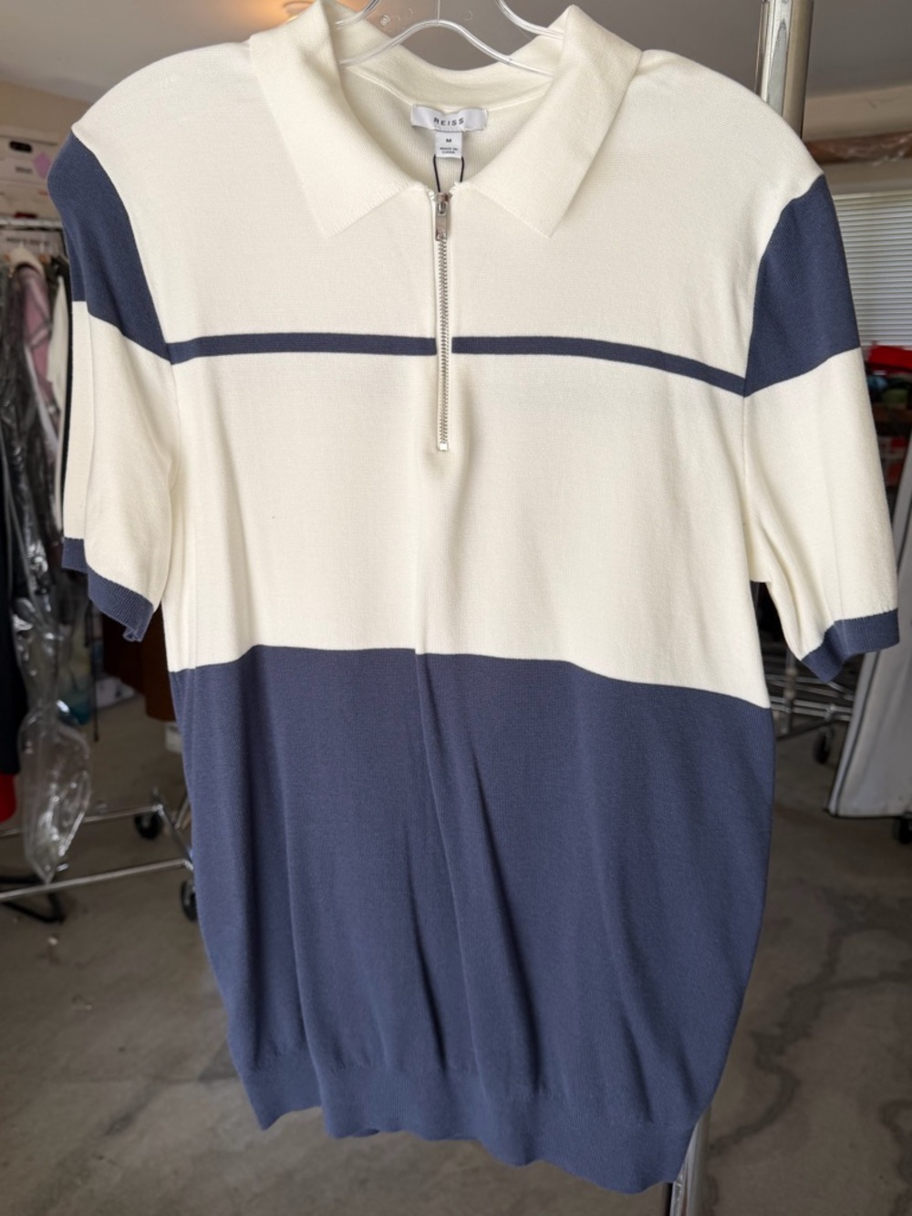 REISS Cream and Navy Zip Polo Sweater